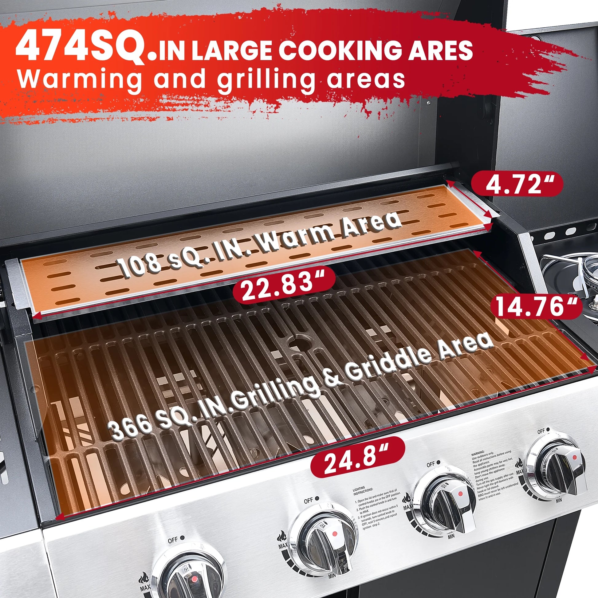 4-Burner BBQ Grill W/Side Burner, 50,000BTU Gas Propane Grill Portable with Storage Cabinet, Heavy-Duty Stainless Steel Outdoor Cooking, with Tank Hook, Towel Rack, Steel Brush