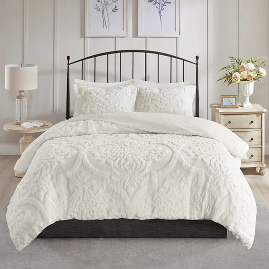 3 Piece Set Duvet Cover King Size, Soft Tufted Cotton Chenille Duvet Cover Set with 2 Pillow Shams and Corner ties, Breathable Bedding Comforter Cover for All Season, Off White