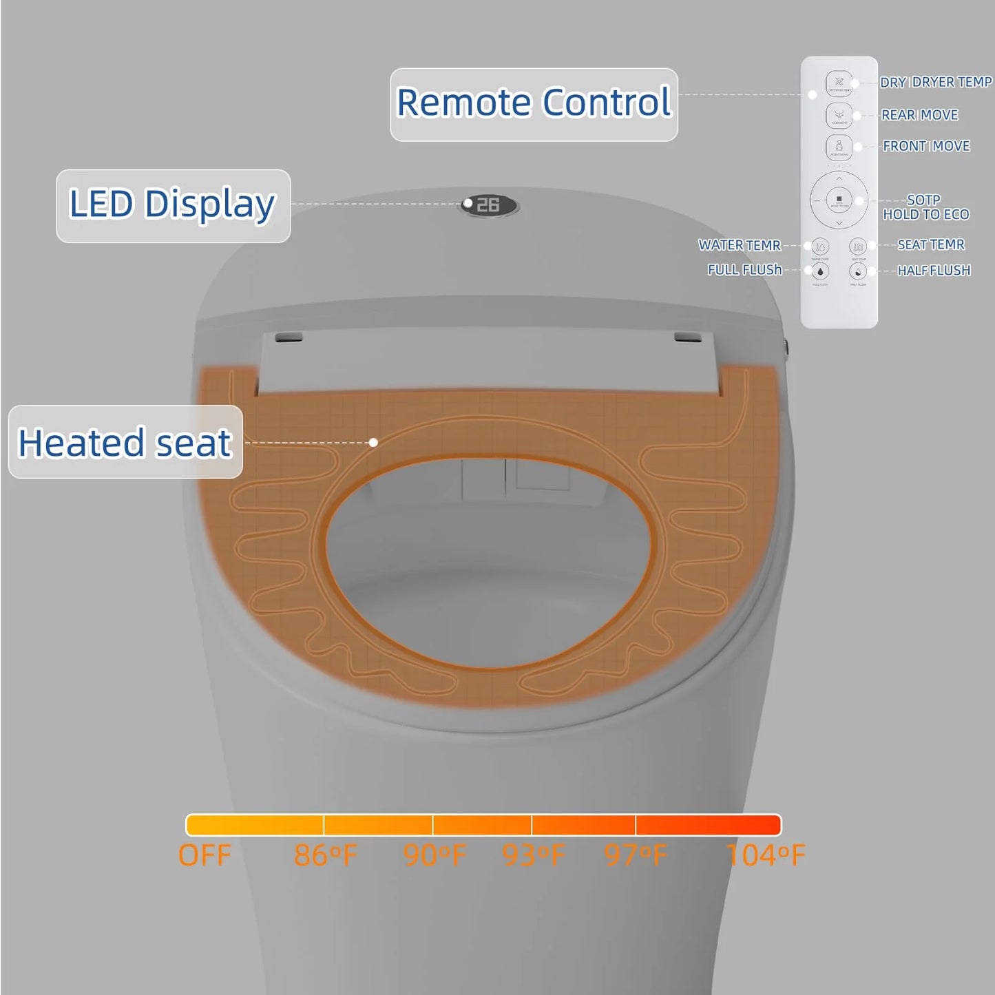 TROPOW Smart Toilet, Auto Flush Smart Toilet, Modern Toilet for Bathroom, Elongated Smart Tankless Toilet with Heated Seat, Foot Sensor Operation, Automatic Flush, LED lights, White