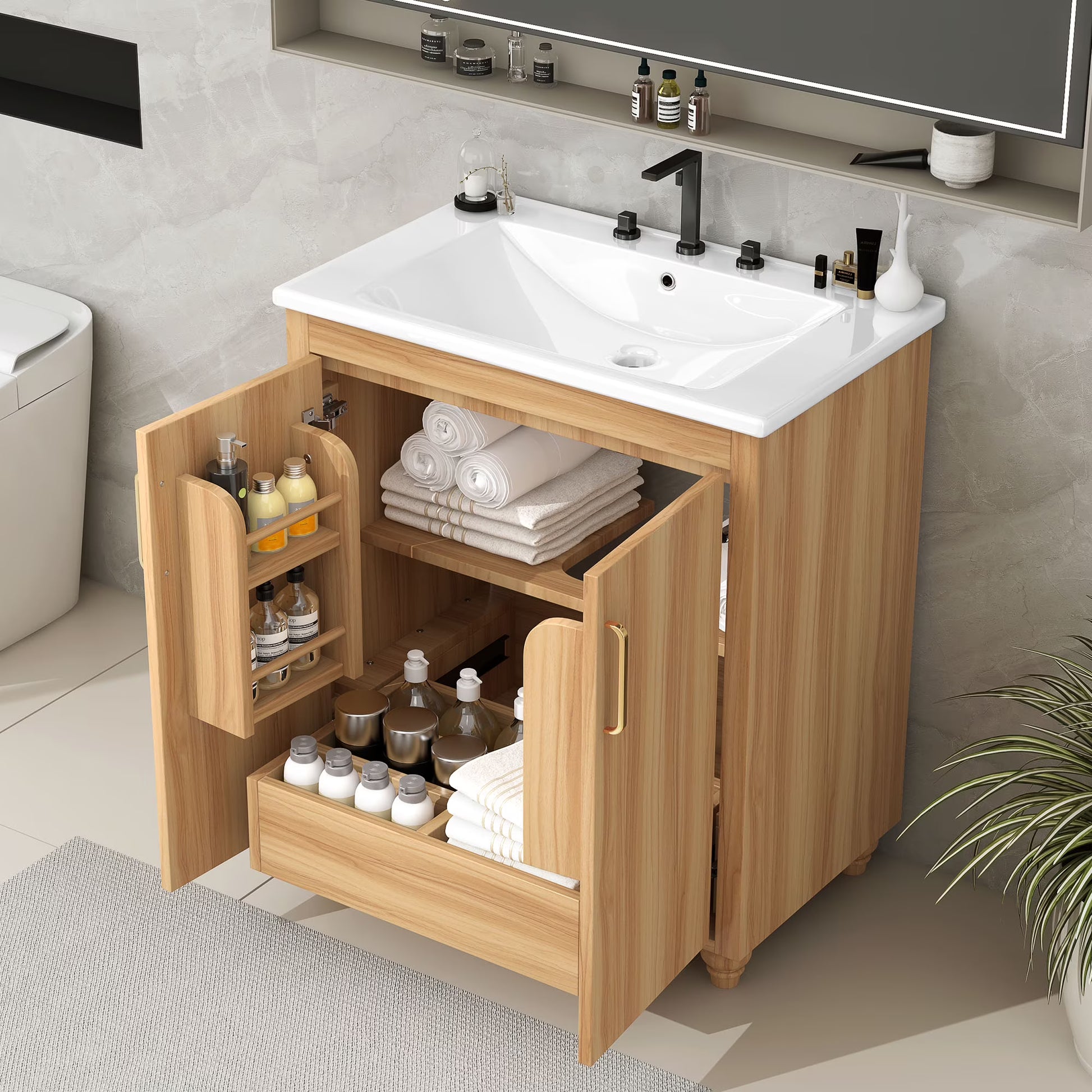 Harper & Bright Designs 30" Rattan Bathroom Vanity Combo with Ceramic Sink, Bathroom Vanity Cabinet with Soft Close Doors, Wood
