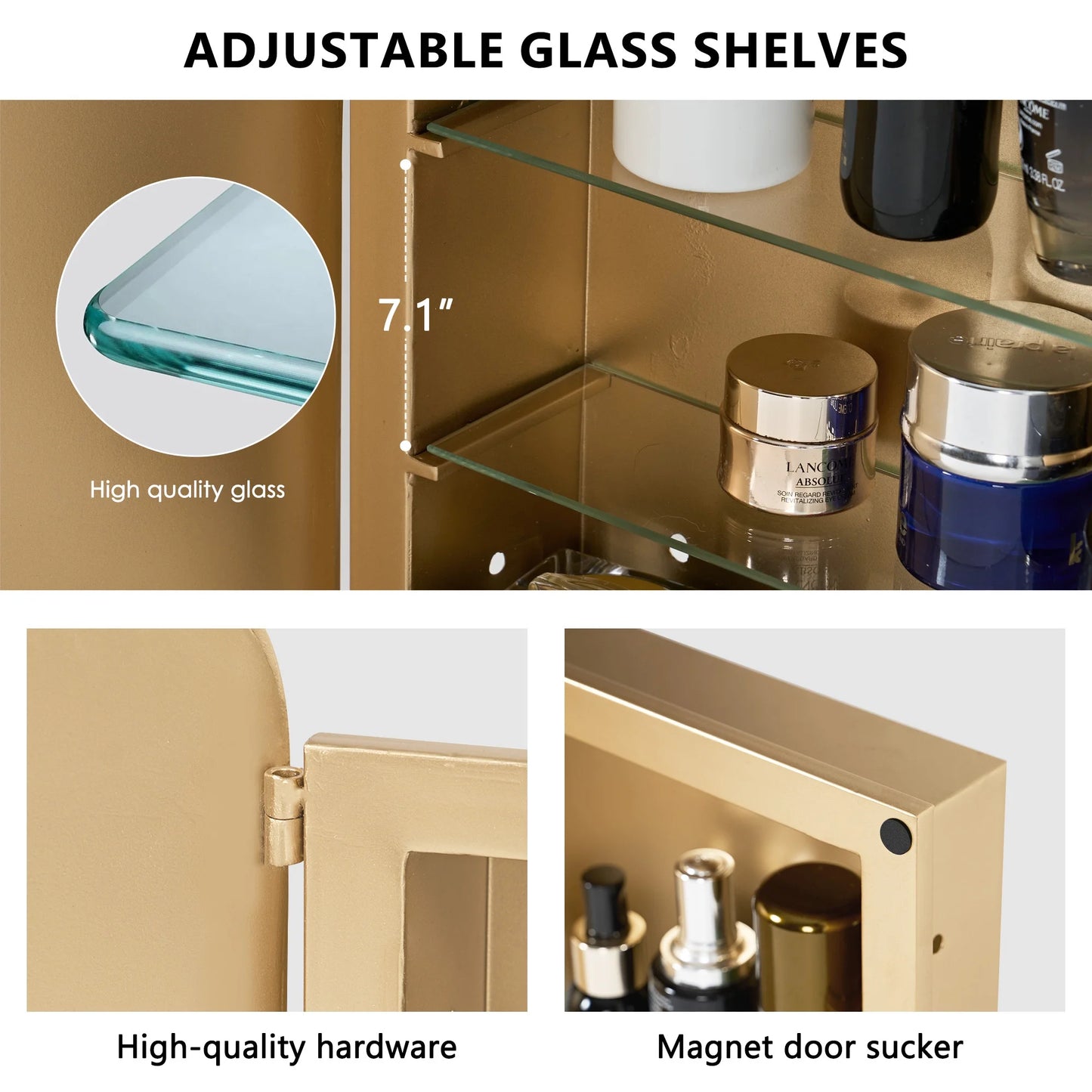Soges 36" x 24" Arched Bathroom Mirror Cabinet Medicine Cabinet with 2 Adjustable Shelves, Recess or Surface Mounted Installation,,Gold