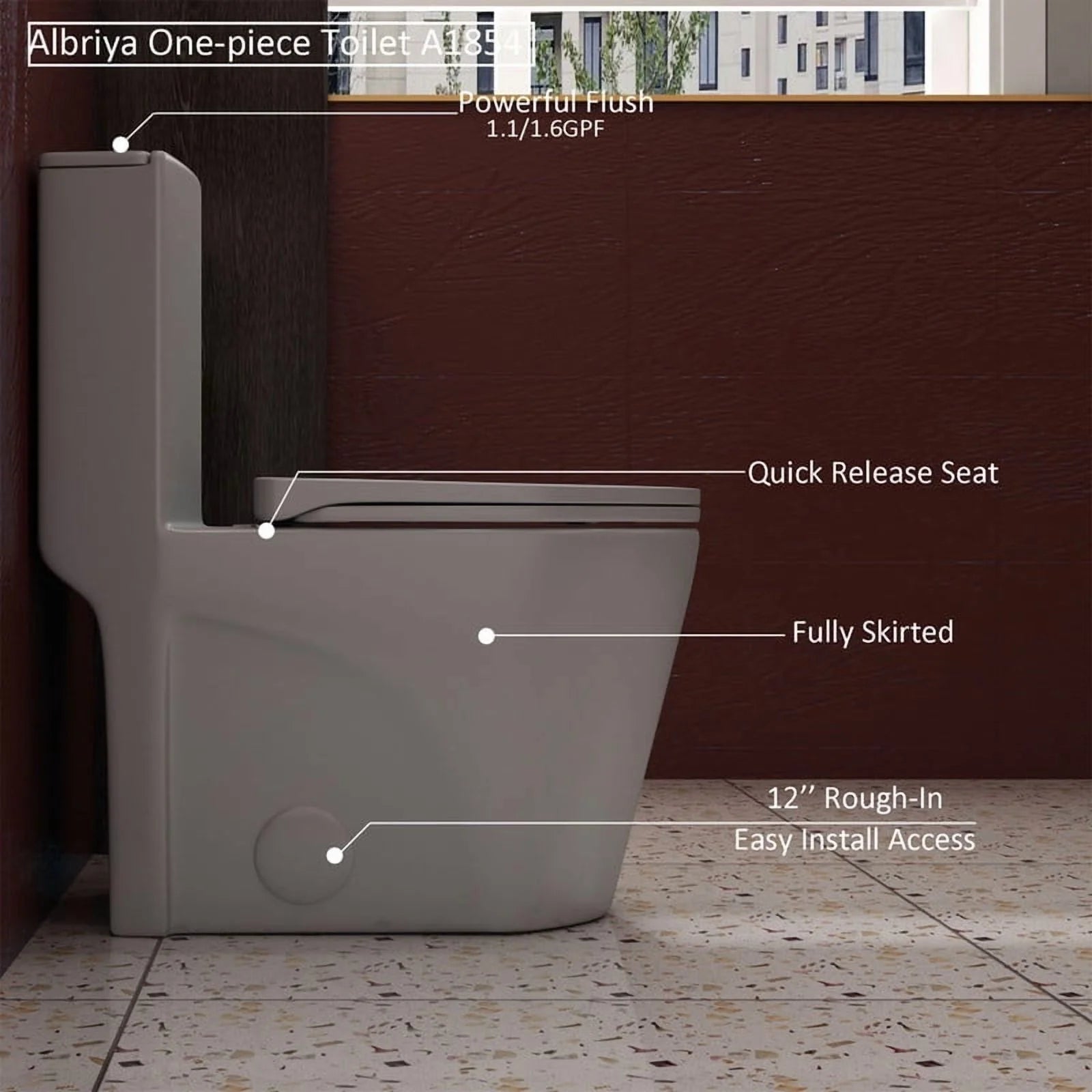 Albriya A1854 One Piece Toilet, Modern Elongated Toilet Power Dual Flush 1.1/1.6 GPF with Comfortable Chair Seat ADA Height 16 1/4’for Bathroom, 12’Rough-In, MaP 1000g, Grey