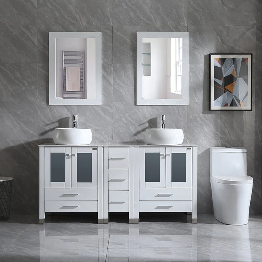 Wonline 60" Bathroom Vanity Wood Cabinet Double Ceramic Sink w/Mirror White