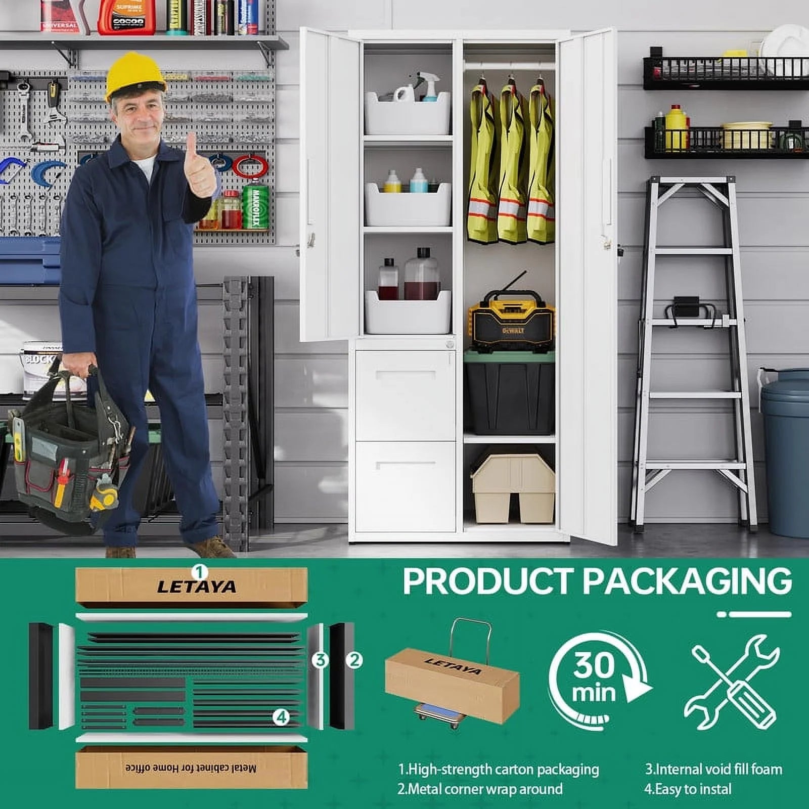 Fesbos Metal Storage Cabinets with Drawers, Staff Locker with Lock Door and Shelves-Wardrobe Clothing/File/Tool Storage for Office, Home, Employee,Gym,Fire Department,Garage