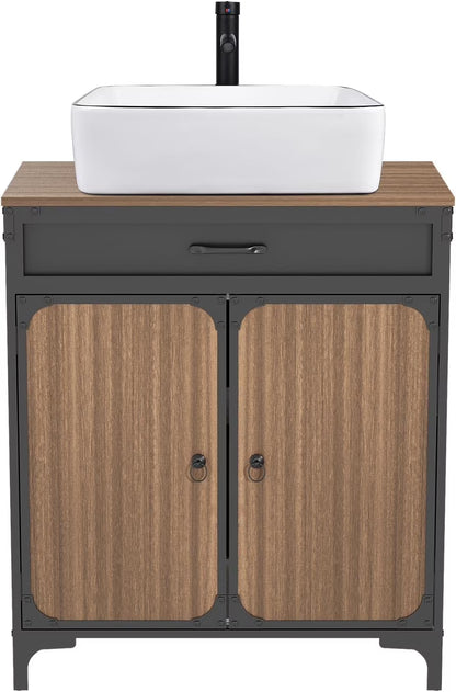 PULUOMIS Bathroom Vanity, 30" Bathroom Vanity with Sink Combo Set, Brown Modern Wood Bathroom Cabinet with Black Ceramic Bathroom Sink