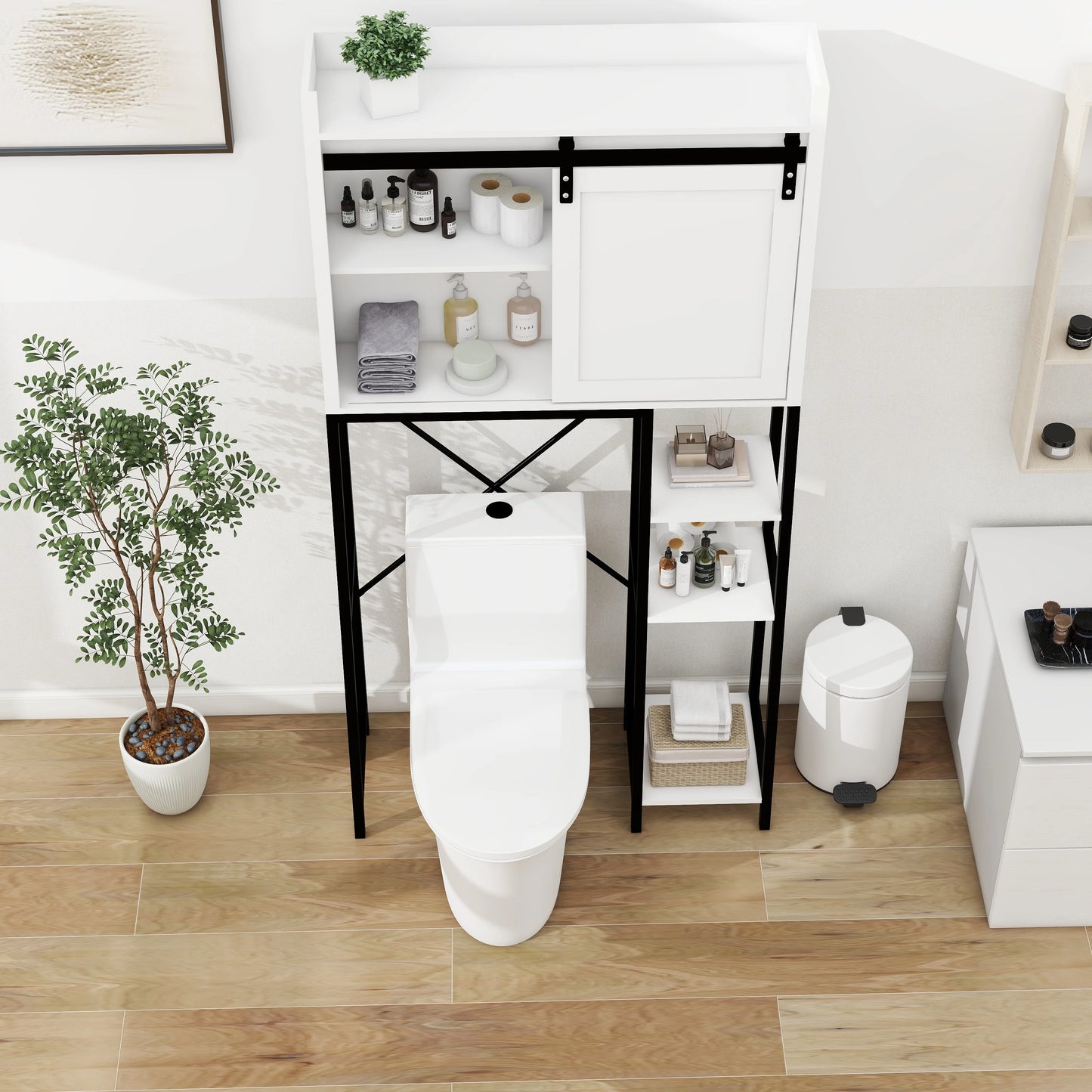 Royard Oaktree Farmhouse Over The Toilet Storage Cabinet, Bathroom Shelves Storage Organizer with Sliding Barn Door, Adjustable Shelves, and Storage Racks, White