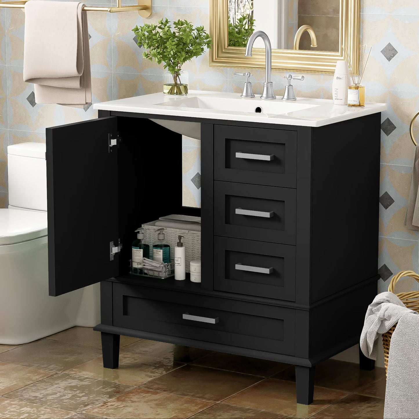Nyveth Modern Bathroom Vanity with Ceramic Sink, Shelves, Drawers, Wood, Green
