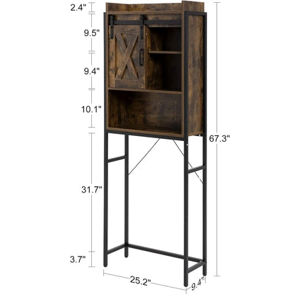 PWFE Farmhouse Over Toilet Bathroom Organizer, Freestanding Over The Toilet Storage Cabinet with Sliding Barn Door, Bathroom Space Saver Toilet Stands(Tan with metal frame)