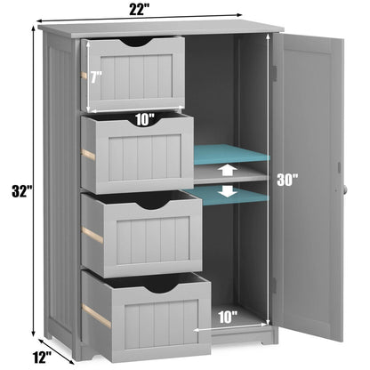 Gymax Bathroom Floor Cabinet Storage Organizer Cupboard w/4 Drawers Adjustable Shelf Grey