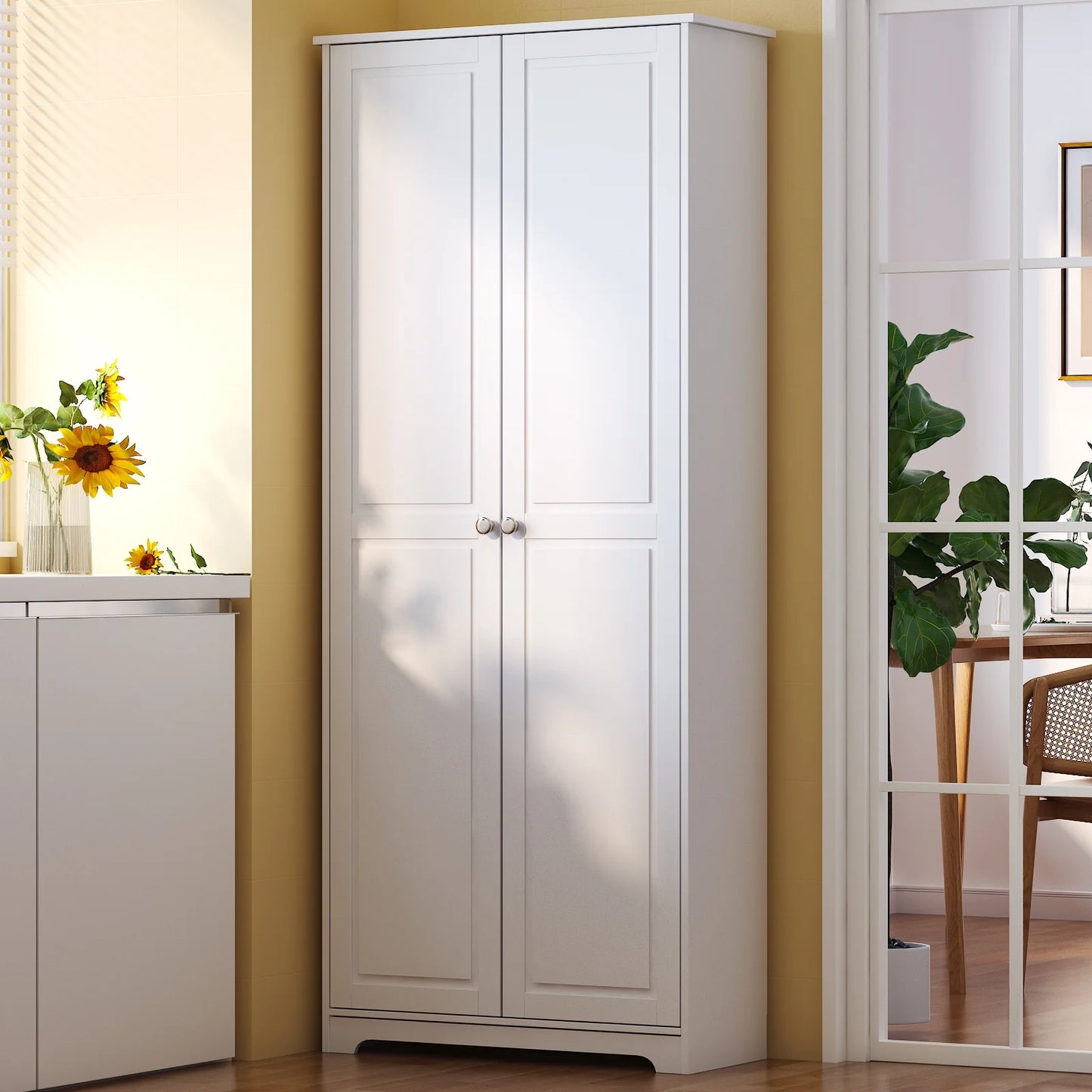UBesGoo 72" Traditional Freestanding Kitchen Pantry Cabinet Wardrobe Armoire with 4 Adjustable Shelves, White