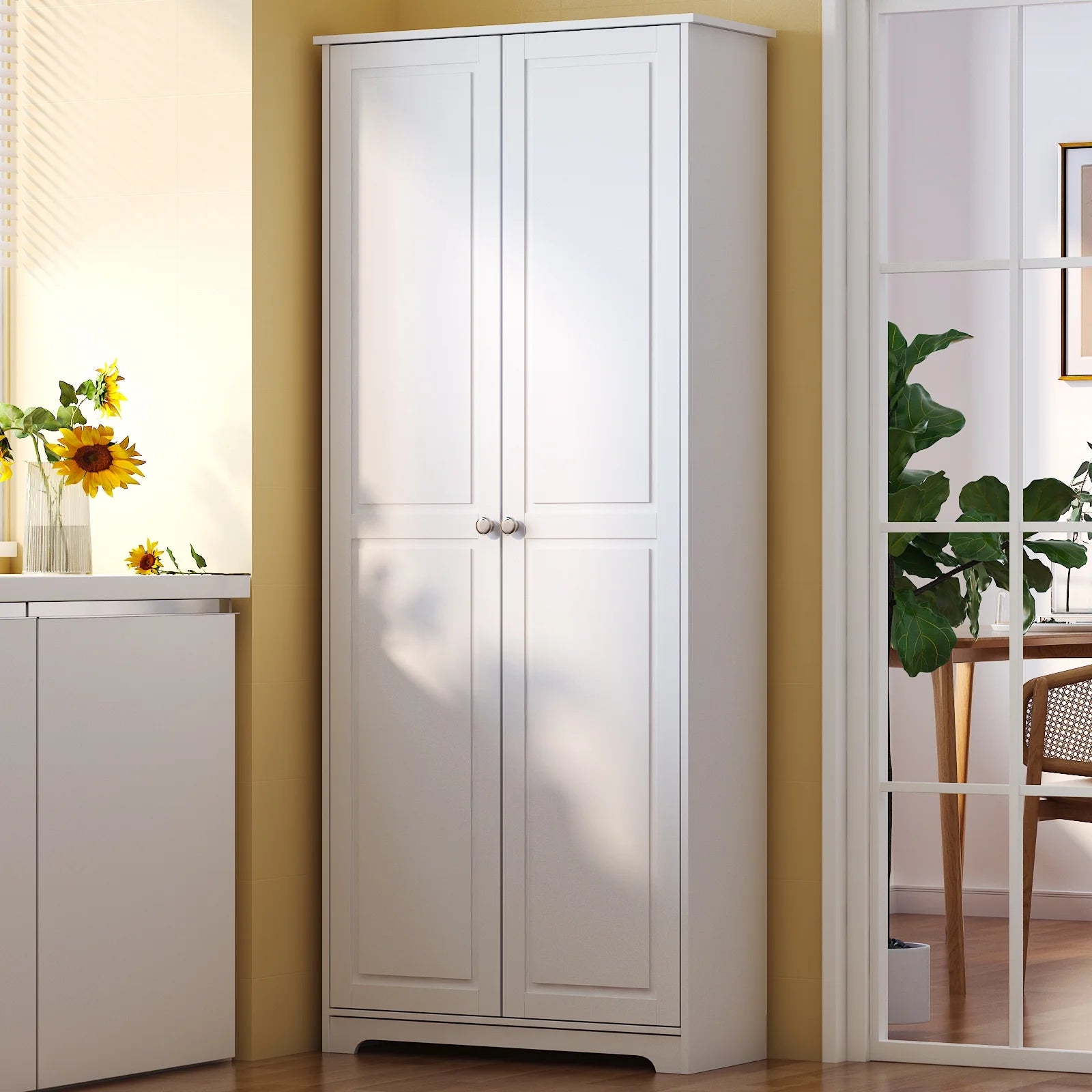 UBesGoo 72" Traditional Freestanding Kitchen Pantry Cabinet Wardrobe Armoire with 4 Adjustable Shelves, White