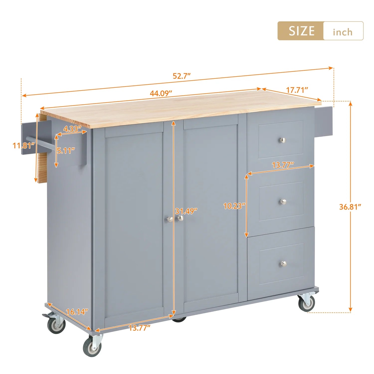 Kitchen Island Cart with Foldable Drop-Leaf Tabletop and Locking Wheels, 52.7" Rolling Kitchen Island Cart with 2 Door Cabinet and 3 Storage Drawers, Spice Rack and Towel Rack, Grey Blue