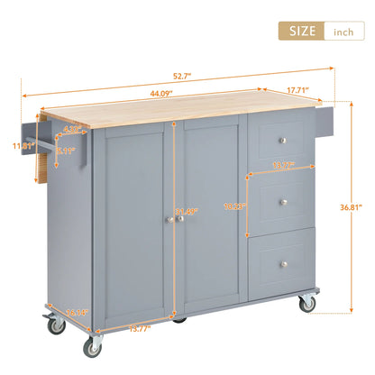 Kitchen Island Cart with Foldable Drop-Leaf Tabletop and Locking Wheels, 52.7" Rolling Kitchen Island Cart with 2 Door Cabinet and 3 Storage Drawers, Spice Rack and Towel Rack, Grey Blue