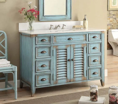 Benton Collection 46" Distressed Blue Farmhouse Bathroom Vanity with White Marble Top
