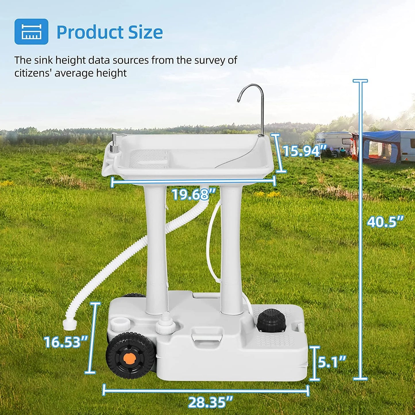 Portable Camping Sink with Rolling Wheels, Hand Washing Station with 30 L Water Capacity, Soap Dispenser, Towel Holder, Ideal for Outdoor