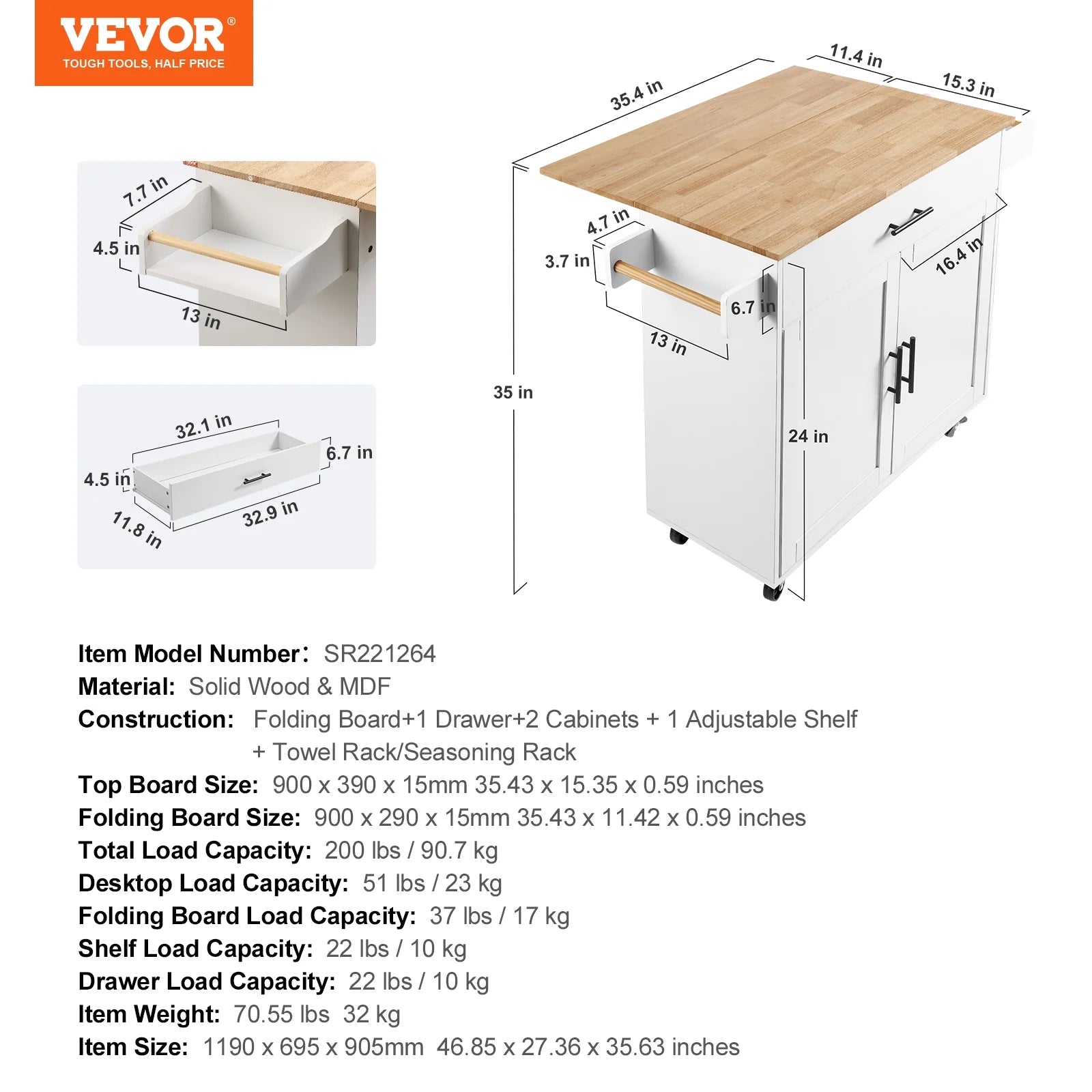 VEVOR Kitchen Island Cart with Solid Wood Top, 35.4" Width Mobile Carts with Storage Cabinet, Rolling Kitchen Table with Spice Rack, Towel Rack, Drop Leaf and Drawer