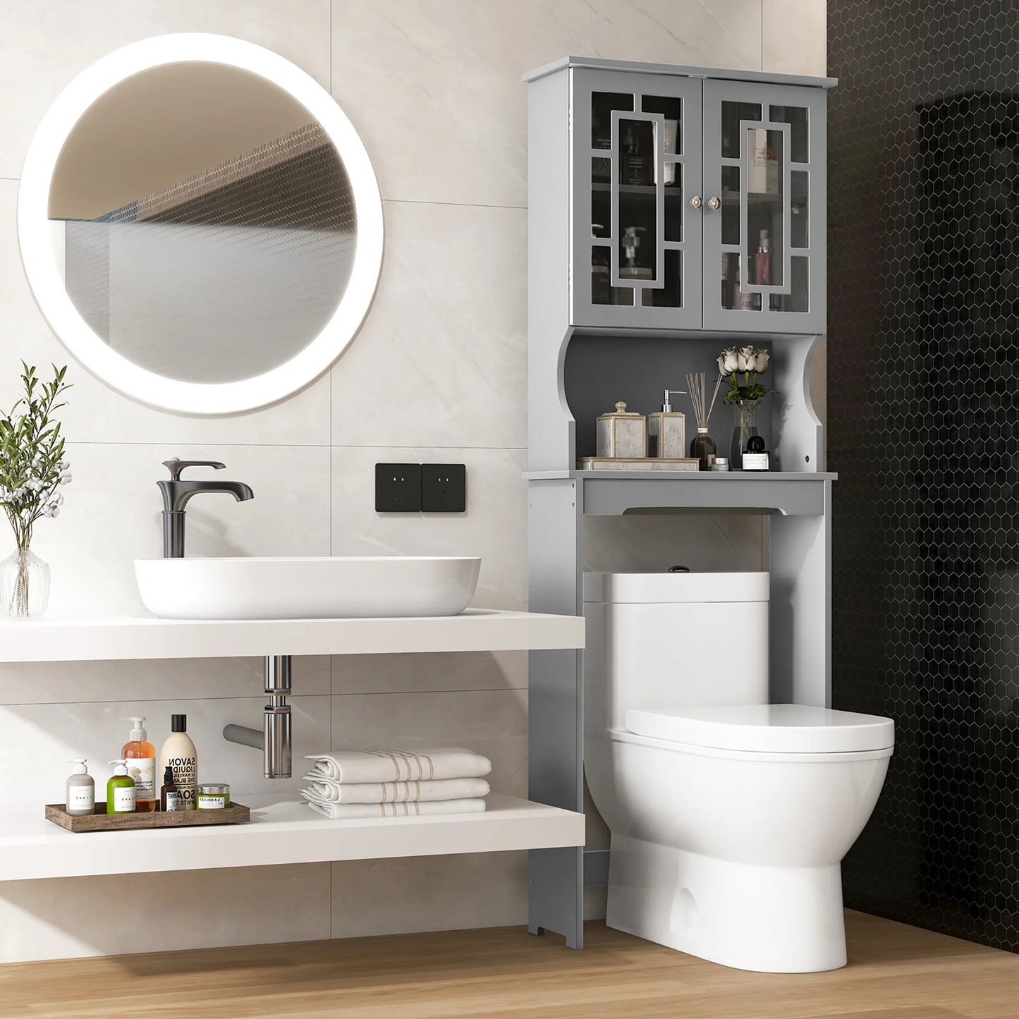 Gymax Grey Bathroom Over The Toilet Space Saver Storage Cabinet Organizer Shelf