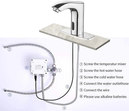 BWE Automatic Sensor Commercial Touchless Bathroom Sink Faucet Chrome with Hole Cover Deck Plate Motion Activated Hands Free with Pop Up Drain with Overflow Lead Free Hot and Cold Mixer