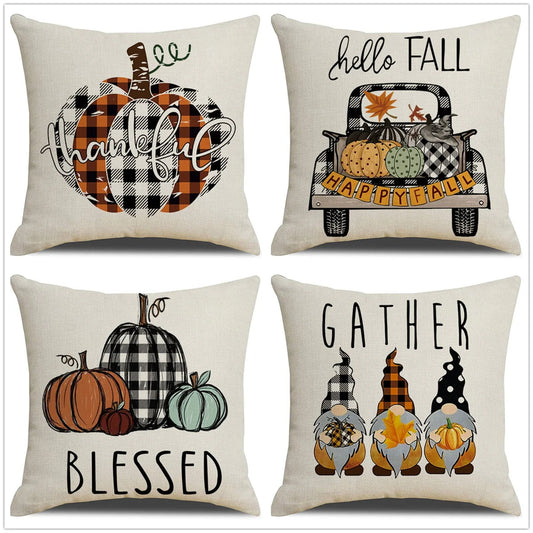 Thanksgiving Throw Pillow Covers for Thanksgiving Decor Farmhouse Buffalo Check Plaid Pumpkin Outdoor Pillows for Thanksgiving day Home Decor 18x18 in, Set of 4