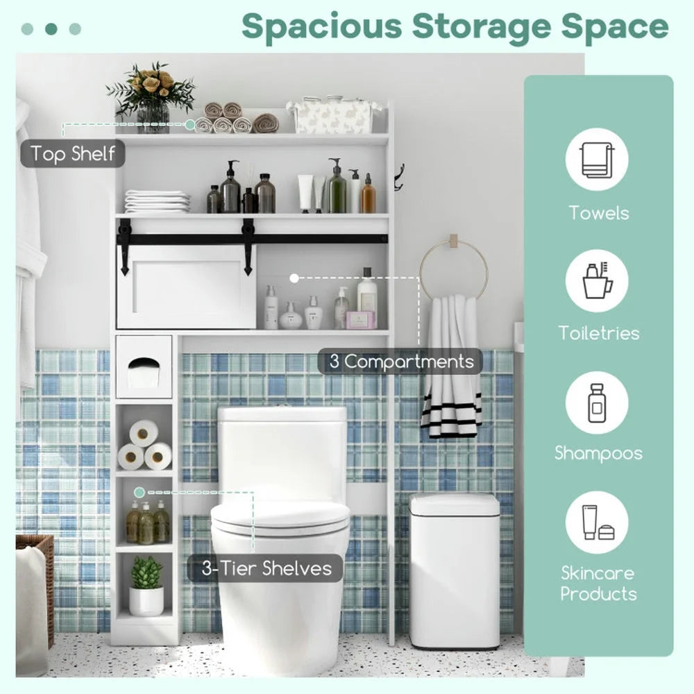 Resenkos Over The Toilet Storage Cabinet with Sliding Barn Door and Adjustable Shelves-White, Bathroom Cabinet Organizer
