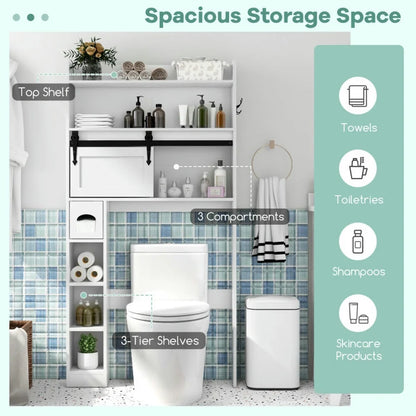Resenkos Over The Toilet Storage Cabinet with Sliding Barn Door and Adjustable Shelves-White, Bathroom Cabinet Organizer