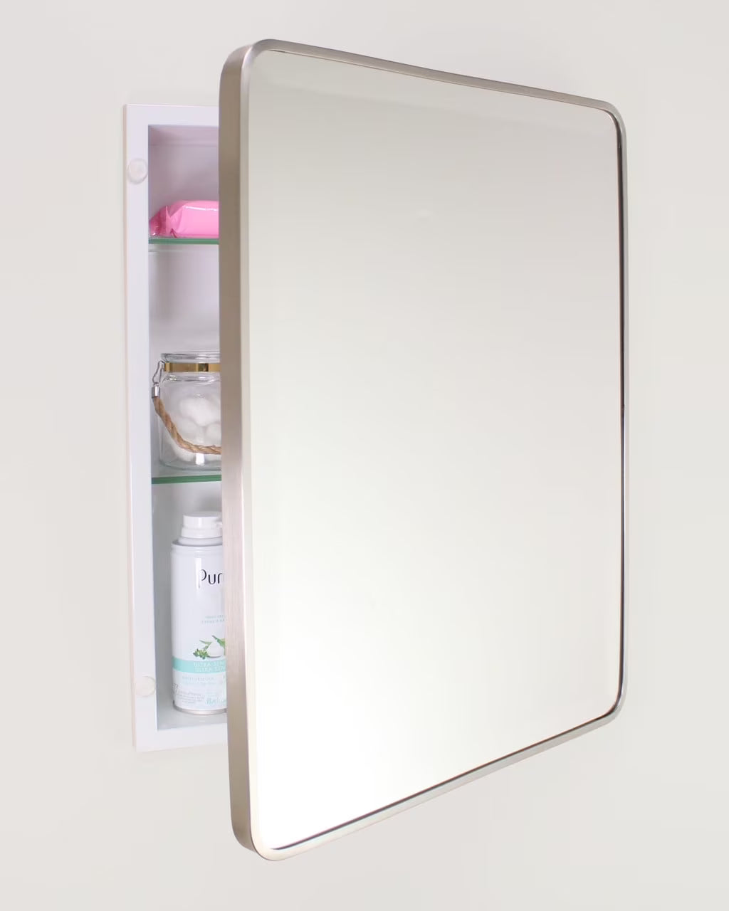 16x20 Austin Farmhouse Metal Framed Rounded Rectangle Recessed Bathroom Medicine Cabinet, Beveled Mirror, 14x18 in-Wall Opening, Powder-coated Steel, Adjustable Glass Shelves, Magnet Close, White
