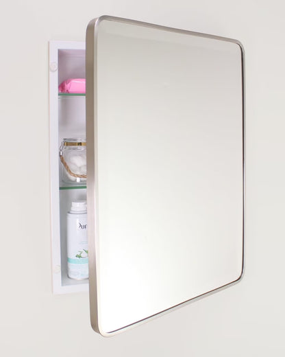 16x20 Austin Farmhouse Metal Framed Rounded Rectangle Recessed Bathroom Medicine Cabinet, Beveled Mirror, 14x18 in-Wall Opening, Powder-coated Steel, Adjustable Glass Shelves, Magnet Close, White