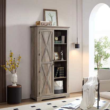 Kselythan 74" Tall Storage Cabinet, Large Kitchen Pantry with Barn Door and Opening Shelves, Freestanding Cabinet for Kitchen Bathroom Living Room