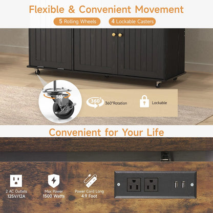 Onbrill Kitchen Island w/Outlet& Towel Rack, 60" Kitchen Storage Cart w/Foldable Countertop, Black