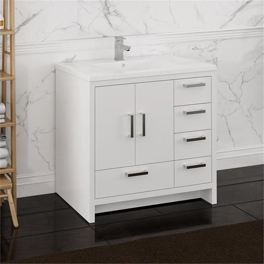 Fresca Imperia 36" Glossy White Free Standing Modern Bathroom Cabinet w/Integrated Sink - Right Version