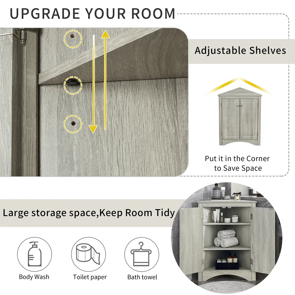 Home Floor Corner Cabinet with Adjustable Shelves and Two Doors, Triangle Bathroom Storage Cabinet, Modern Style Freestanding Floor Cabinet for Kitchen, Living Room and Hall, Oak