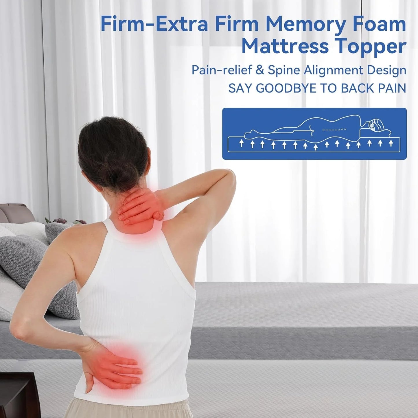 Extra Firm Mattress Topper Queen Size, 4 Inch Reversible Firm Memory Foam Bed Topper for Pain Relief, High-Density Mattress Pad with Removable Cover, CertiPUR-US Certified, No Smell