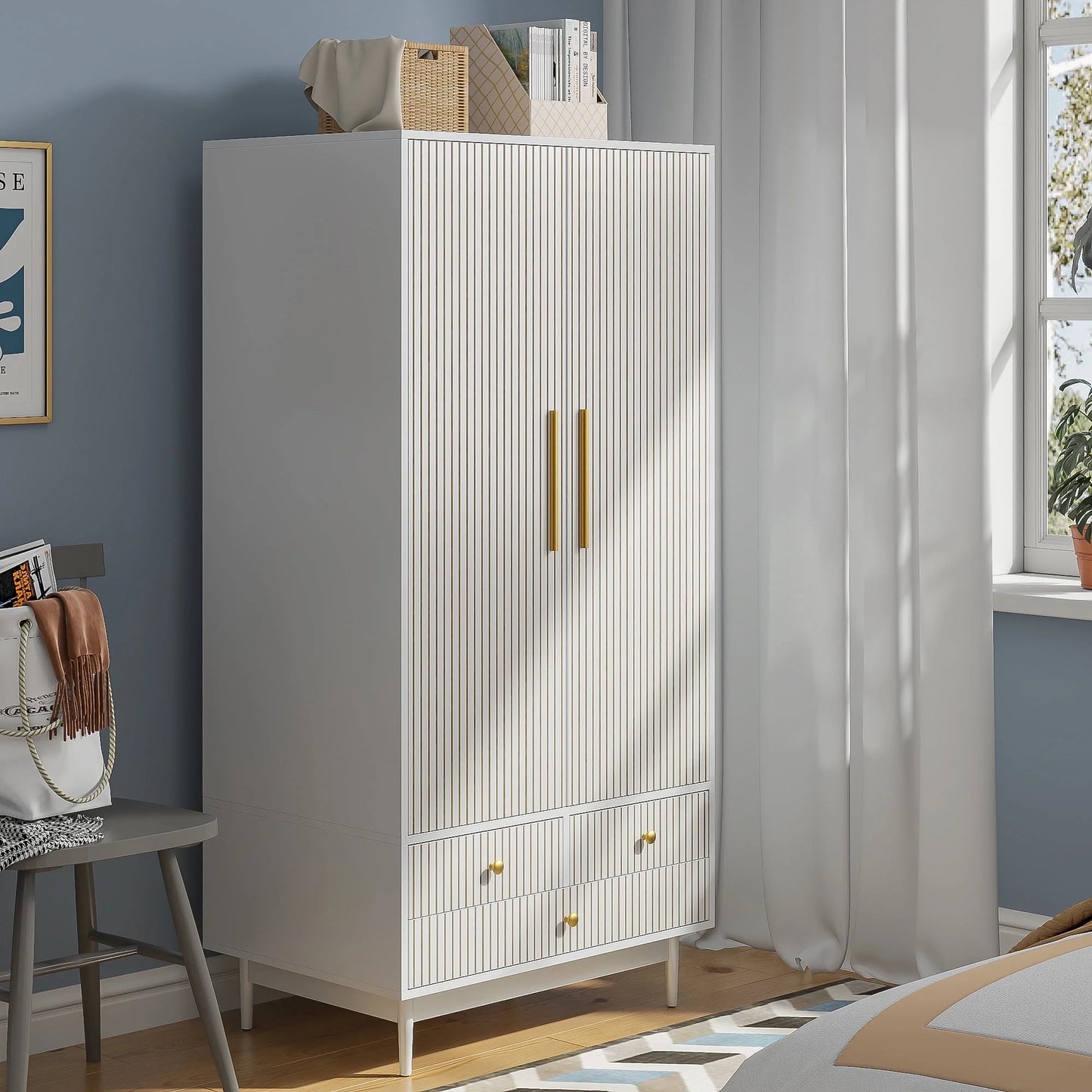Armoire Wardrobe Closet, Closet Wardrobe Cabinet with Drawers and Hanging Rail for Bedroom, White