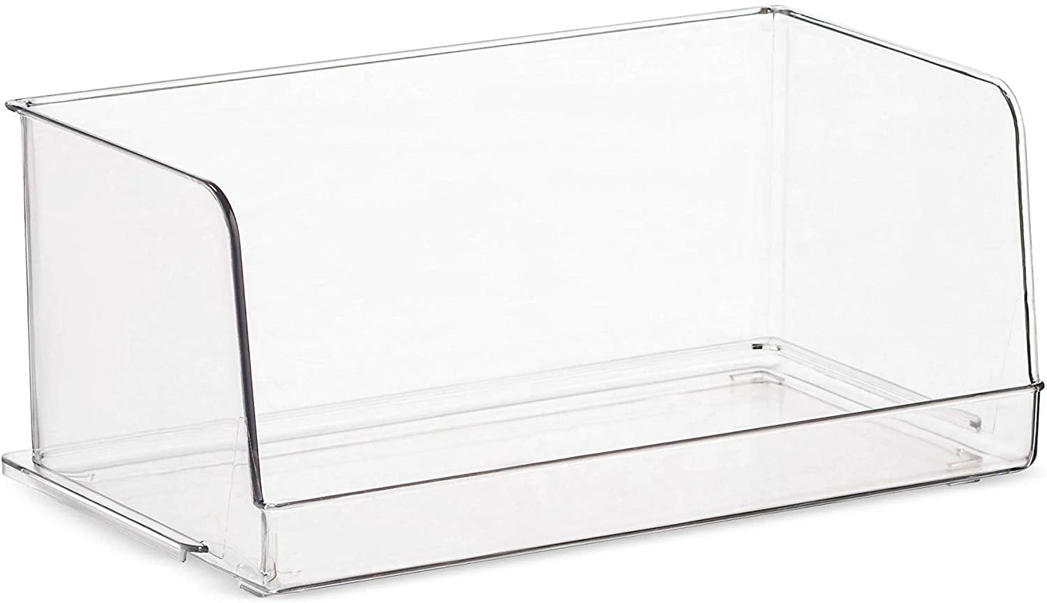 Set Of 4 Clear Pantry Organizer Bins Stackable Household Plastic Food Storage Basket with Wide Open Front for Kitchen, Countertops, Cabinets, Refrigerator, Freezer, Bedrooms, Bathrooms - 12" Wide