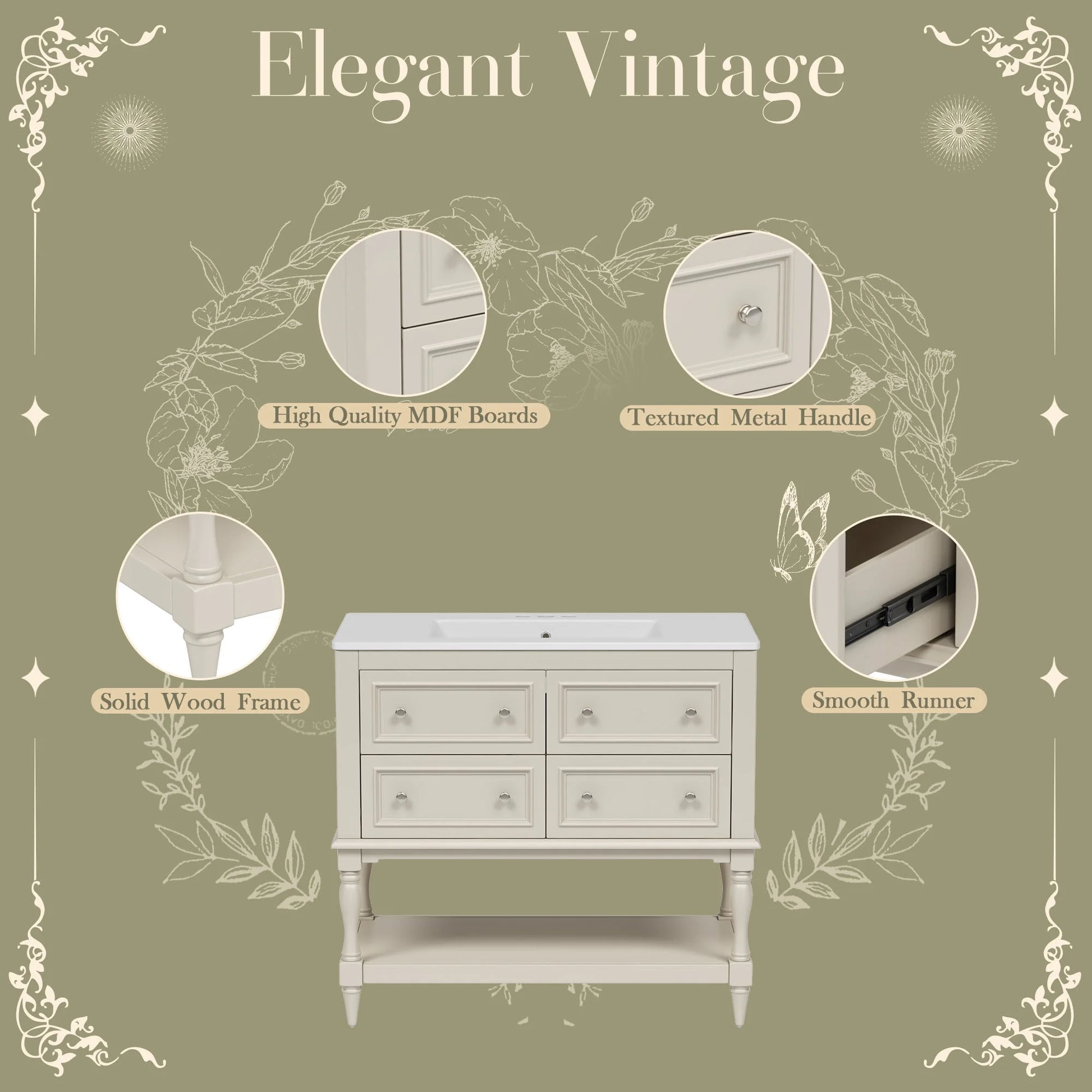 Harper & Bright Designs 36" Bathroom Vanity with Sink, Bathroom Storage Cabinet with Drawers, Single Sink Bathroom Vanity, Beige