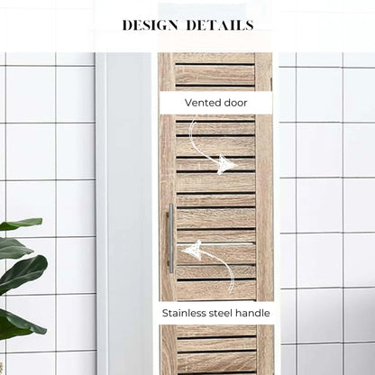Tall Bathroom Storage Cabinet with Open Shelves and Vented Door, Slim Linen Cabinet for Compact Bathroom Organization, White and Oak Finish - Stockholm Collection