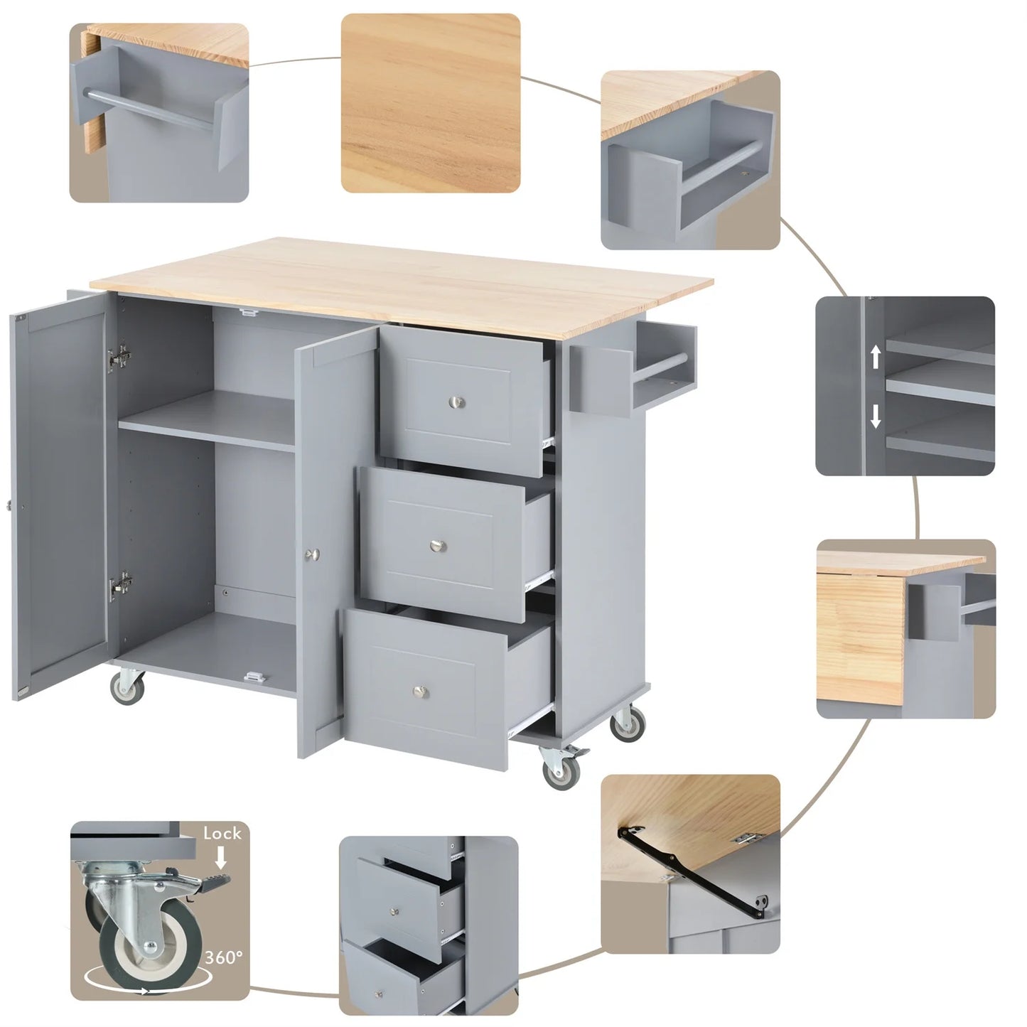 Kitchen Island Cart, Drop Leaf Kitchen Island on Wheels with Spice Rack, Towel Rack and 3 Drawers, Rolling Mobile Kitchen Island with Storage Cabinets and Solid Wood Top, White