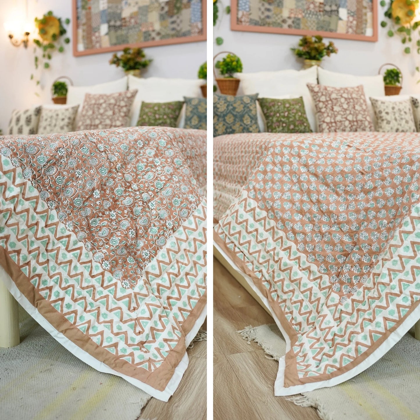 Handmade quilt, block printed floral quilt, boho decorative winter quilt, Indian bedding quilt, throw and blanket for room