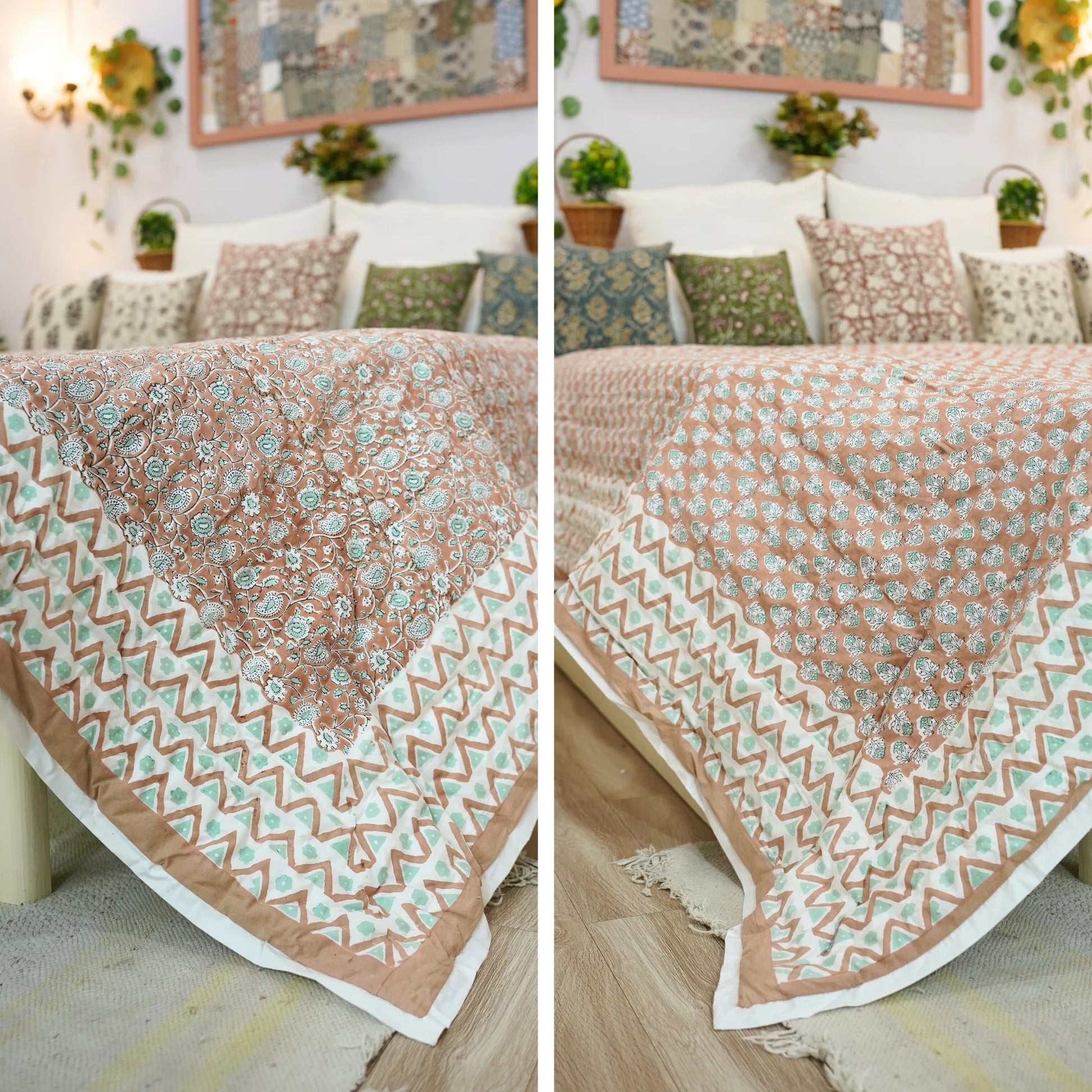 Handmade quilt, block printed floral quilt, boho decorative winter quilt, Indian bedding quilt, throw and blanket for room