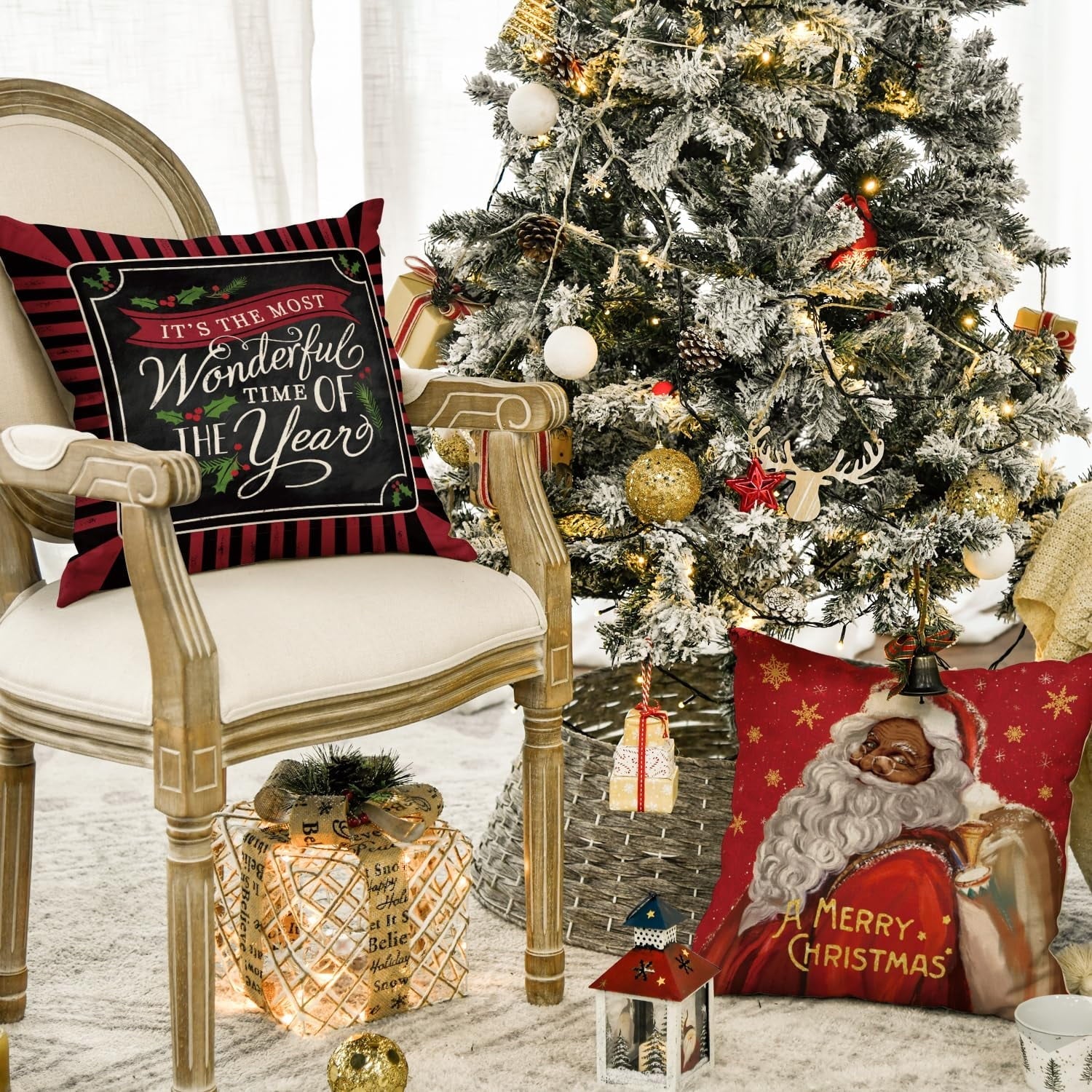 Artoid Mode Merry Christmas Santa Claus Angel Girl Xmas Pillow Covers 4-Pack 18 x 18 Red Black Square Decorative Winter Farmhouse Outdoor Throw Pillow Case