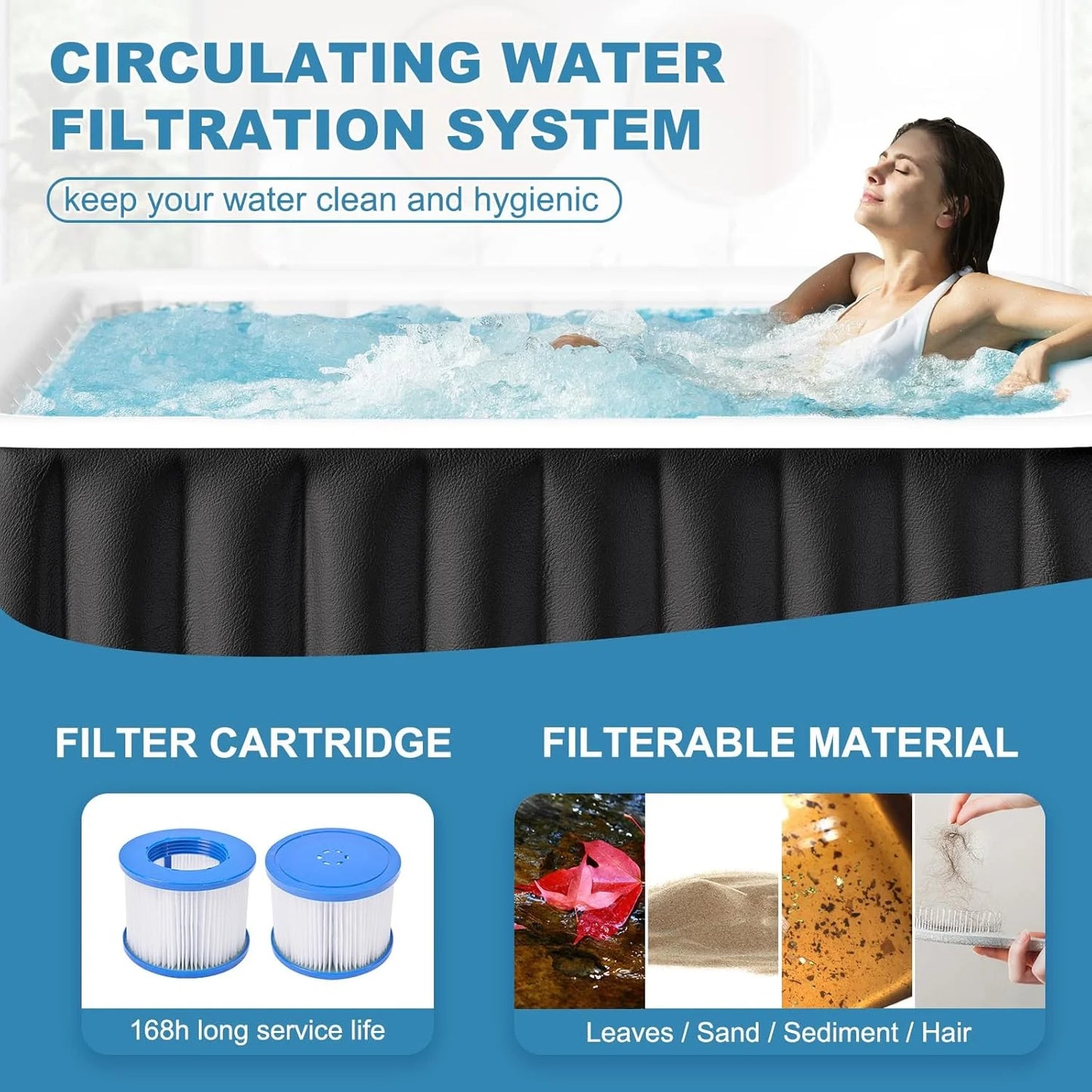 73 inch Outdoor Inflatable Hot Tub with 130 Bubble Air Jets, 4-6 Person Square Portable Hottub Spa with LED Control Panel, Blow Up Spa Bathtub with 2 Filter, Temperature up to 104° F