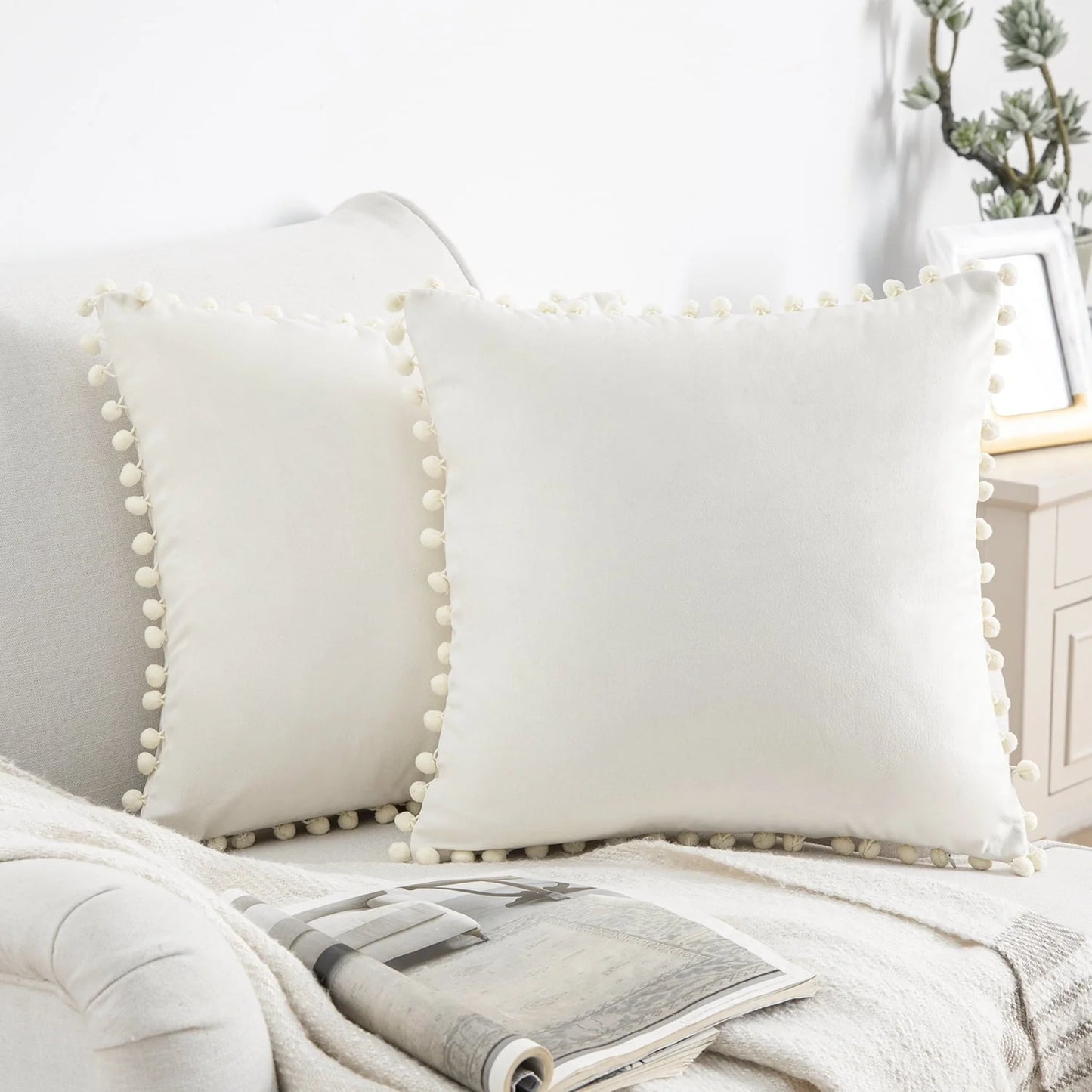 Phantoscope Throw Pillow with Insert,Silky Velvet Series Pom Pom Decorative pillow, 18" x 18", Off White, 2 Pack