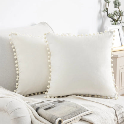 Phantoscope Throw Pillow with Insert,Silky Velvet Series Pom Pom Decorative pillow, 18" x 18", Off White, 2 Pack