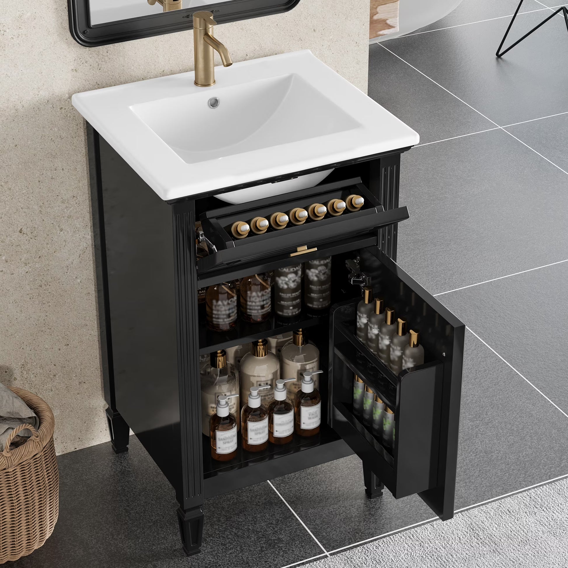Euroco 20" Bathroom Vanity with Integrated Ceramic Sink, Soft-Close Hinges and Drawer Storage, Solid Wood Legs