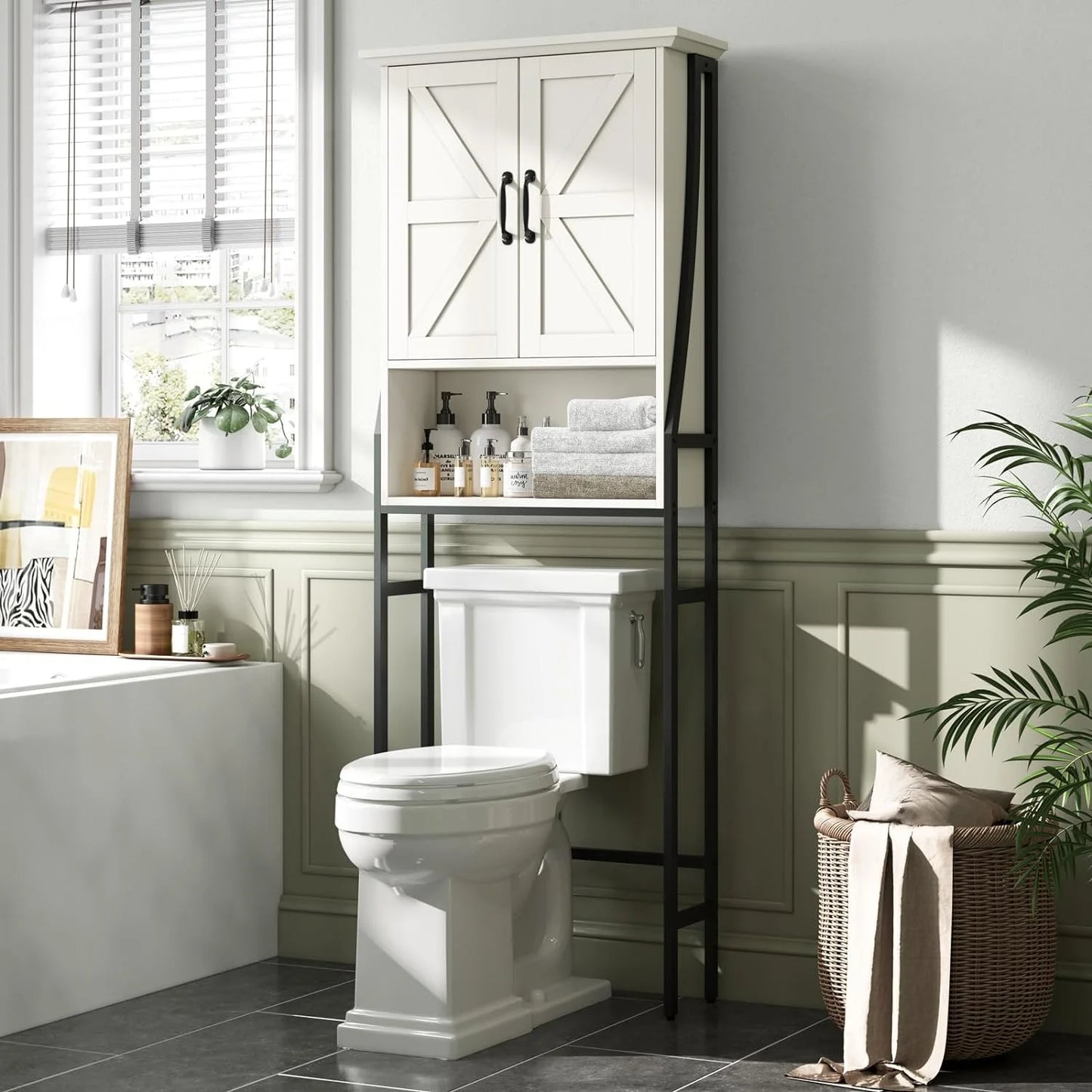 Over The Toilet Storage Cabinet, Over Toilet Bathroom Organizer, Above Toilet Storage Cabinet with Barn Doors Behind Toilet Bathroom Organizer Over-The-Toilet Cabinet (Cream White)