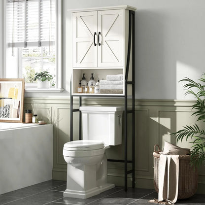 Over The Toilet Storage Cabinet, Over Toilet Bathroom Organizer, Above Toilet Storage Cabinet with Barn Doors Behind Toilet Bathroom Organizer Over-The-Toilet Cabinet (Cream White)