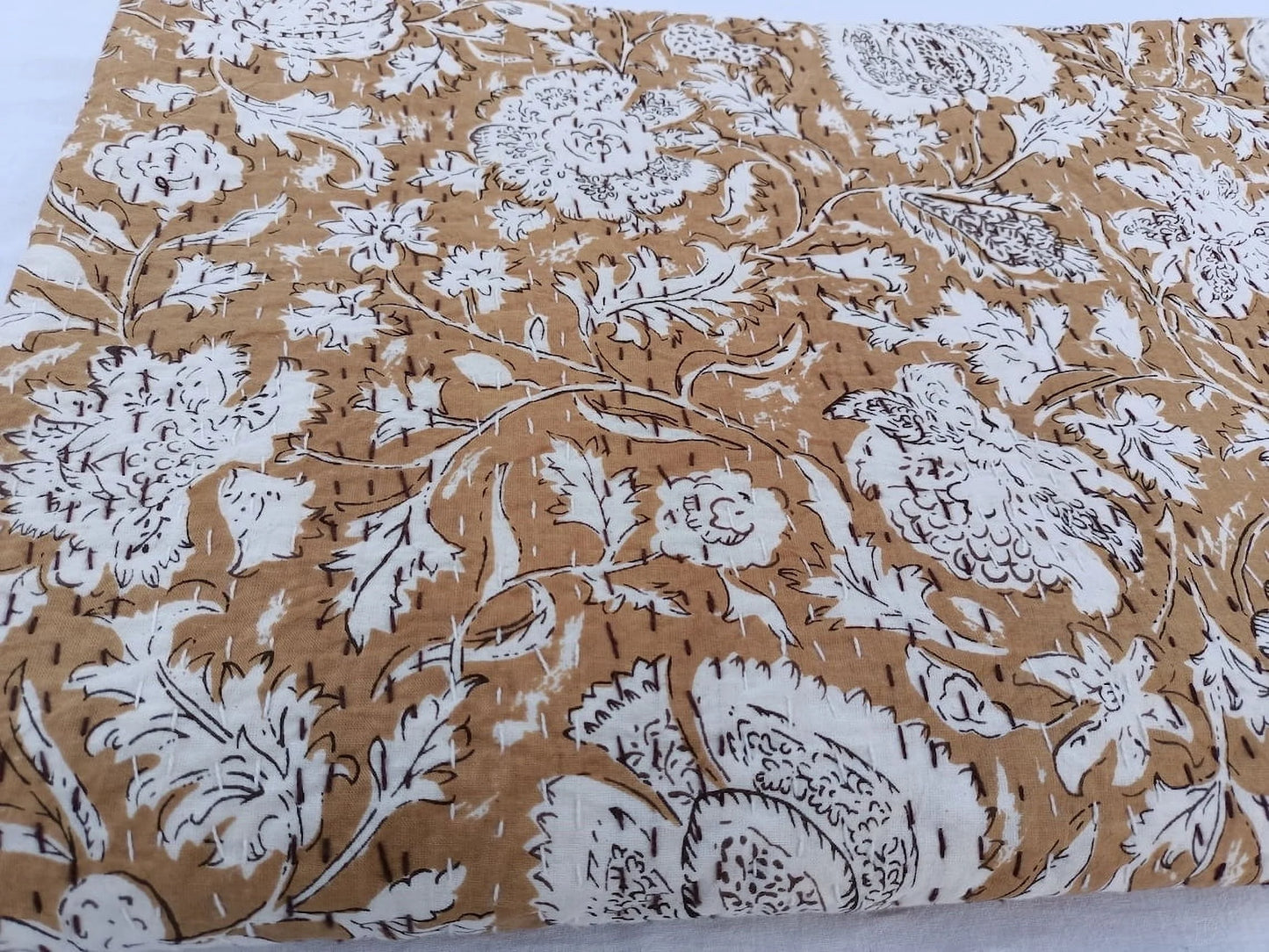A And E Textiles House House Tan Color Kantha quilt bedding bedspread queen size quilt Indian kantha throw Kantha Block Printed floral Kantha Handblock Print floral