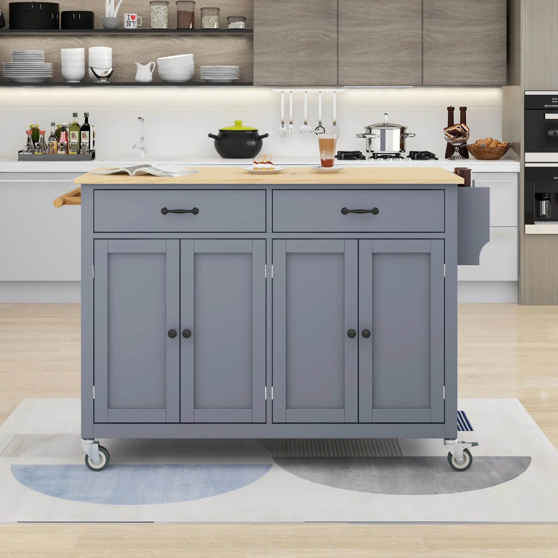 EUROCO Kitchen Island Cart with Solid Wood Top and Locking Wheels, 4 Door Cabinet and Two Drawers, Spice Rack and Towel Rack, Gray