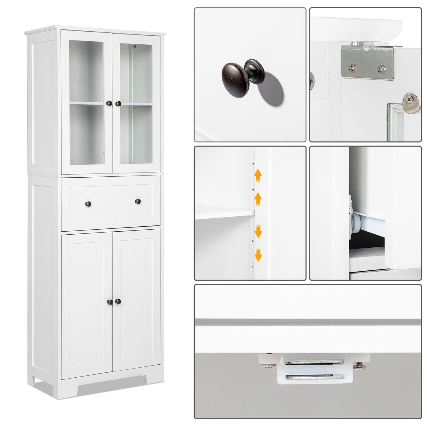 Ktaxon 64" Tall Bathroom Storage Cabinet, Kitchen Pantry, Sideboard Buffet Cabinet Cupboard Wooden with 2 Doors and Adjustable Shelves for Bathroom Kitchen, White