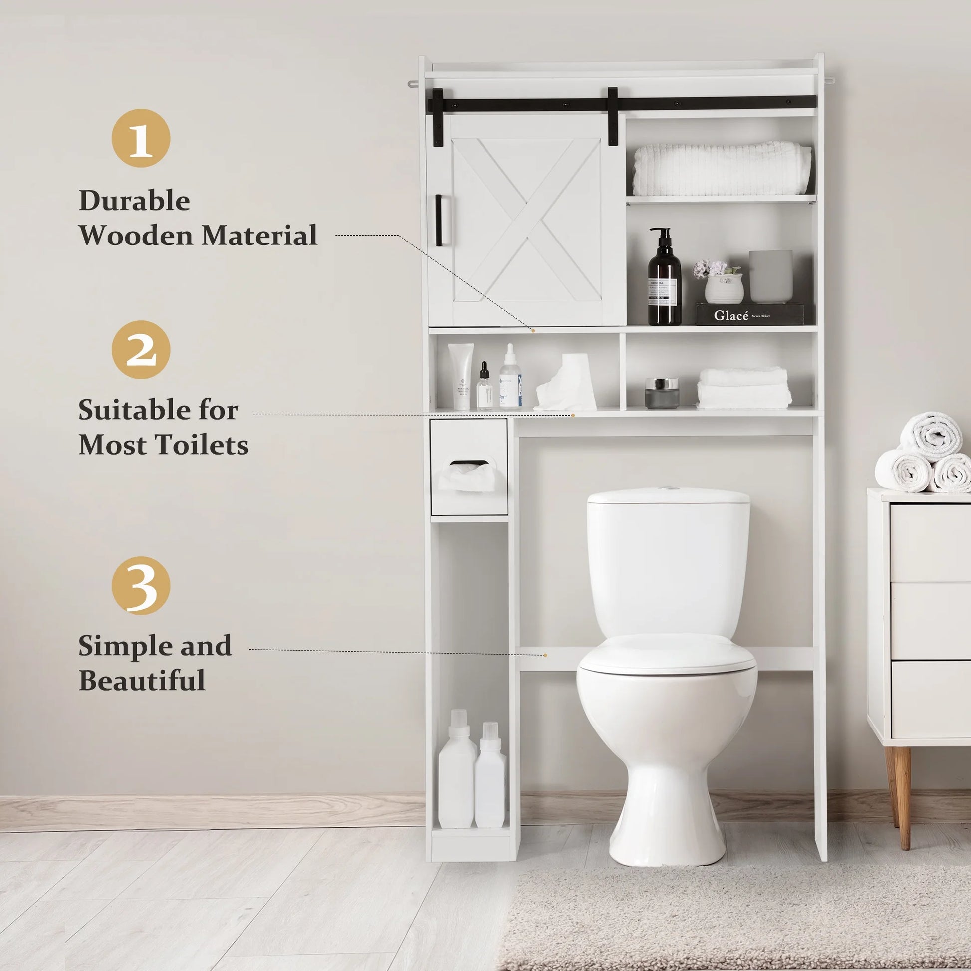 YISUFO Over The Toilet Storage Cabinet, Bathroom Organizer Shelf with 2 Barn Door & Toilet Paper Holder Stand, Space-Saving Toilet Rack